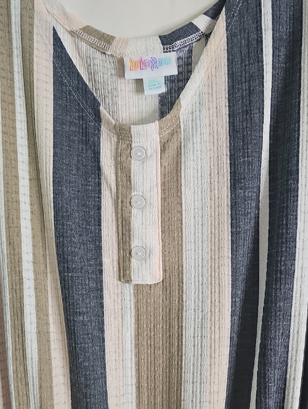 LuLaRoe Striped Xantge Romper in Navy, Cream & Tan - Picture 2 of 8